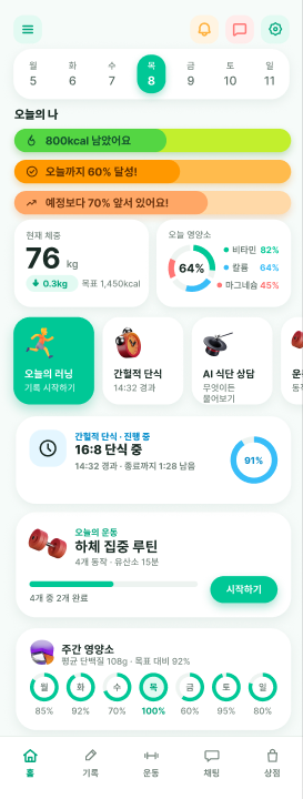 홈 화면 — 16:8 단식 진행 카드가 있다